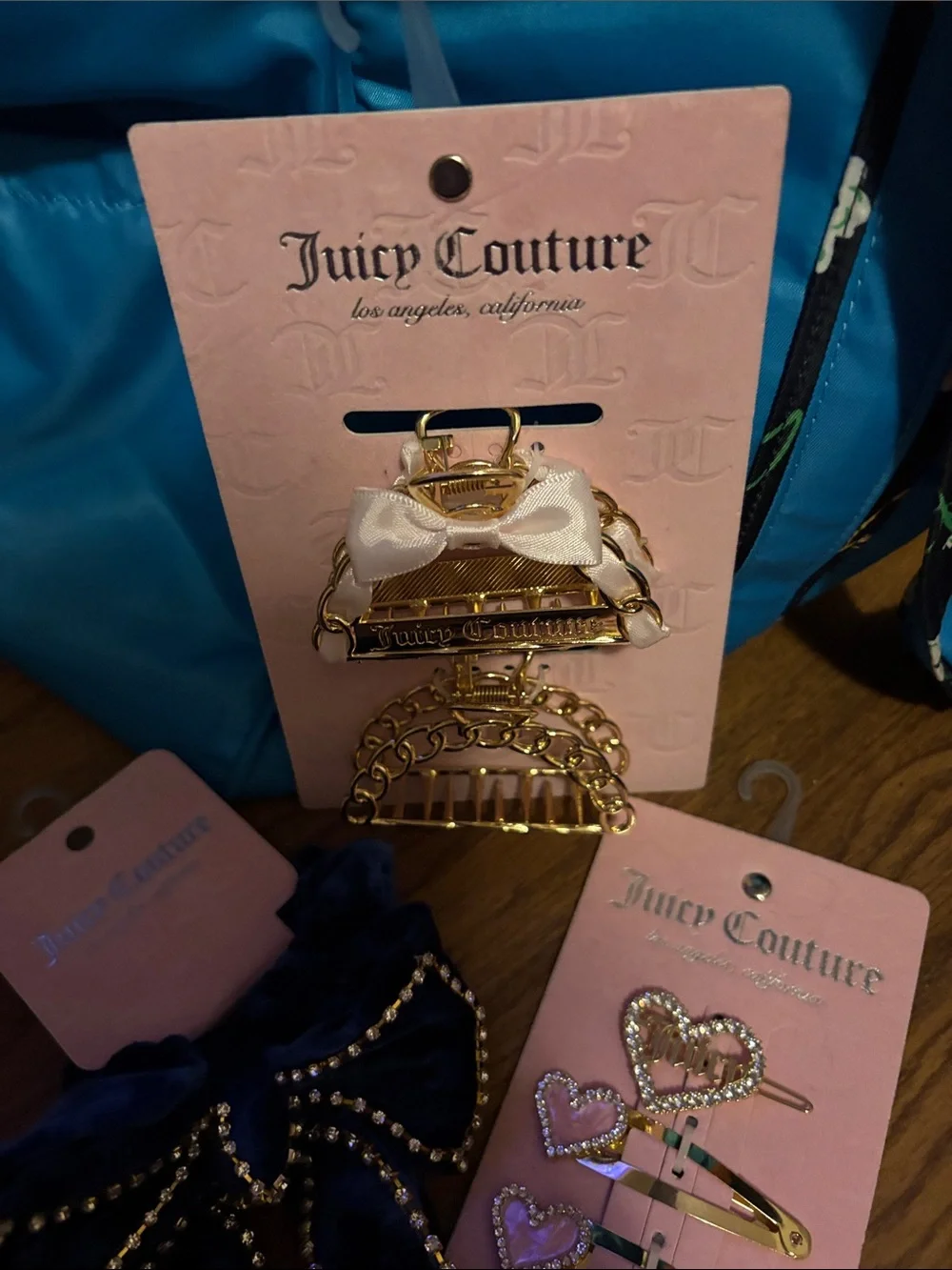 Juicy Couture Navy Velvet Bow Hair Clips with Gold-Tone & Pink Accent Clips